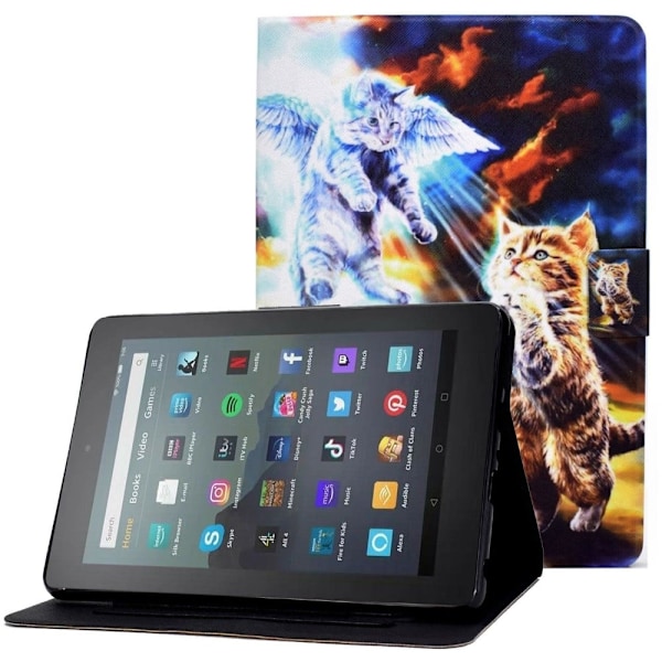 Amazon Fire 7 (2022) läderfodral med coolt mönster - Ängel Katt multifärg
