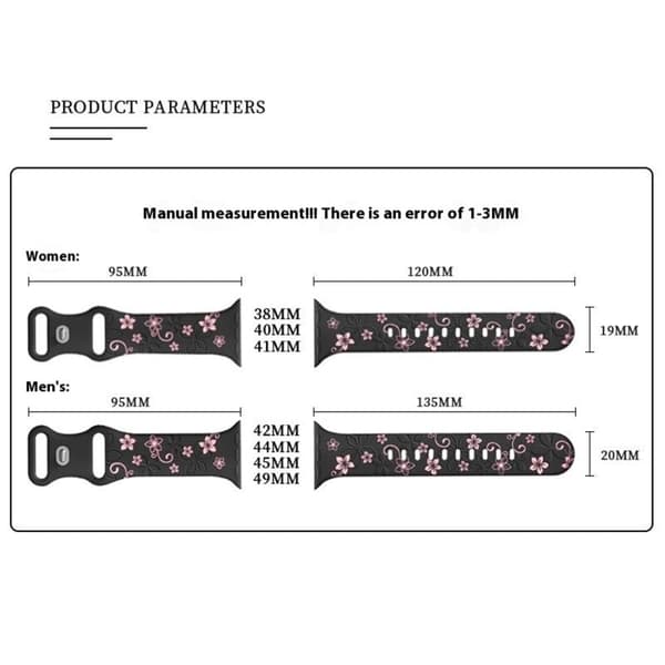 Apple Watch Series 41mm - 40mm - 38mm Silicone Flower Pattern Band - Sort / Hvid Black