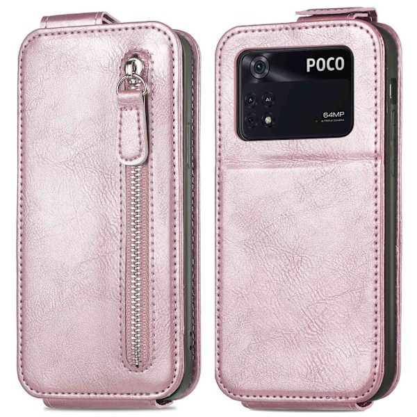 Vertical Flip Phone Etui med Zipper til Xiaomi Poco M4 Pro - Rødguld Pink