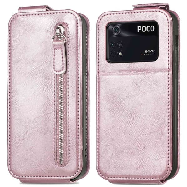 Vertical Flip Phone Etui med Zipper til Xiaomi Poco M4 Pro - Rose Gull Pink