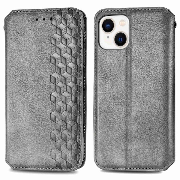 Nahkakotelo With A Stylish Rhombus Imprint For iPhone 14 - Harmaa Silver grey