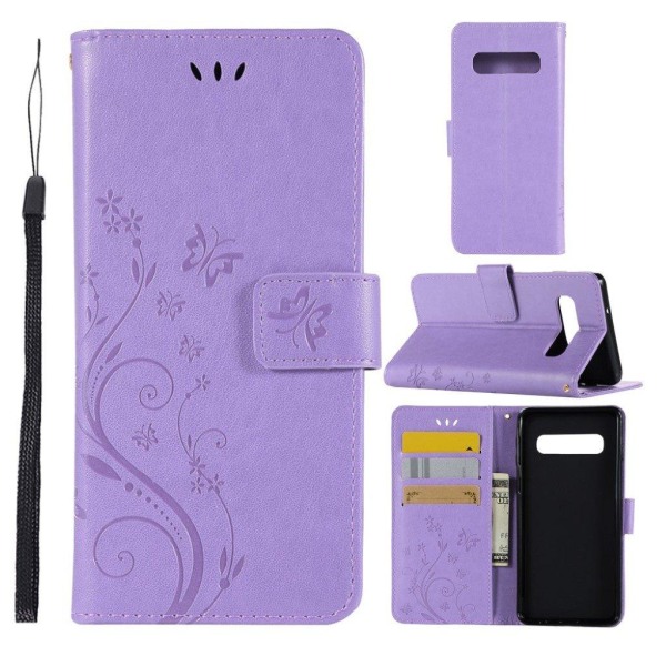 Samsung Galaxy S10 sommerfugle- og blomstertryk læder flip etui - Lilla Purple