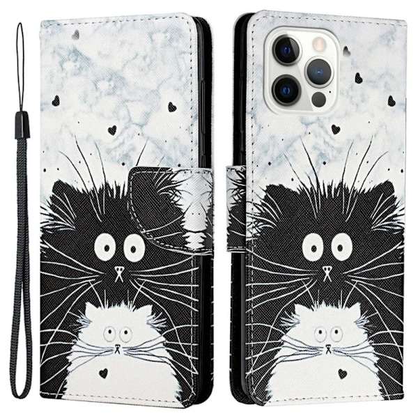 Vegansk lædermønstertryk til iPhone 14 Pro Max, Cross Texture Stand Wallet Folio Flip Phone Cover med håndrem - To Katte White