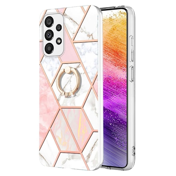 Marble Patterned Suojakuori With Ring Holder For Samsung Galaxy A73 - Pinkki / Valkoinen Pink