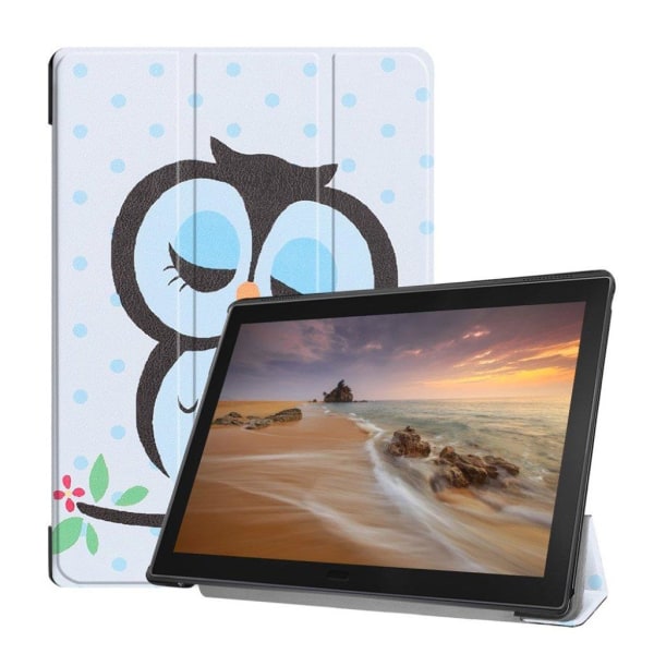 Lenovo Tab E10 tri-fold kuosillinen nahkainen flip suojakotelo - Nukkuva Pöllö Oksalla Blue