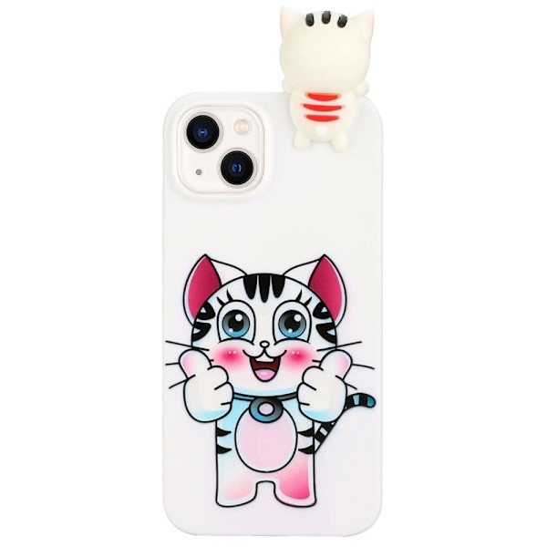 Mønstertryk Drop Resistant Phone Case iPhone 14, 3D Figure Design Flexible Back Cover - Kat White