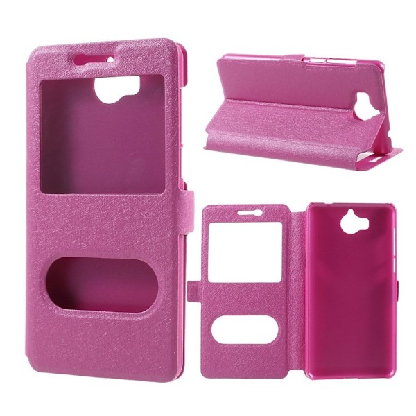 Huawei Y6 cover i læder med dobbeltvindue - Rosa Pink