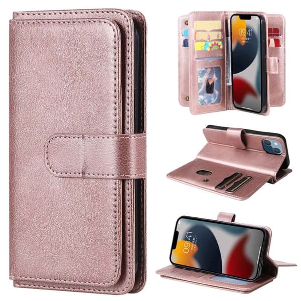 10-slot Lompakko Suojakotelo For iPhone 14 - Ruusukulta Pink