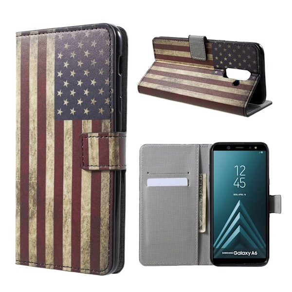 Samsung Galaxy A6 mobiletui i kunstlæder med printet mønster og magnetisk lukkefunktion samt pung - USA flag Multicolor