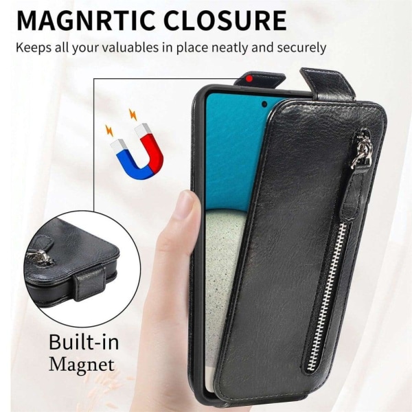 Vertical Flip Phone Etui med Zipper til Samsung Galaxy A33 5G - Sort Black
