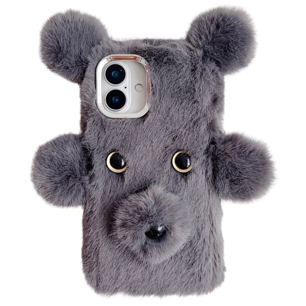 iPhone 16 Plus Fodral 3D Bear Faux Fur Fluffy Inner Flexible Phone Cover - Grå Silvergrå