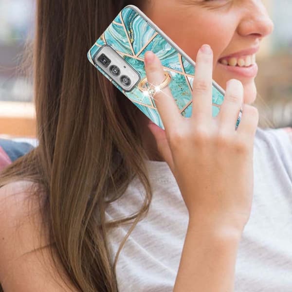 Marble Mønstret Cover med Ring Holder til Motorola Edge 20 Pro - Blå Blue
