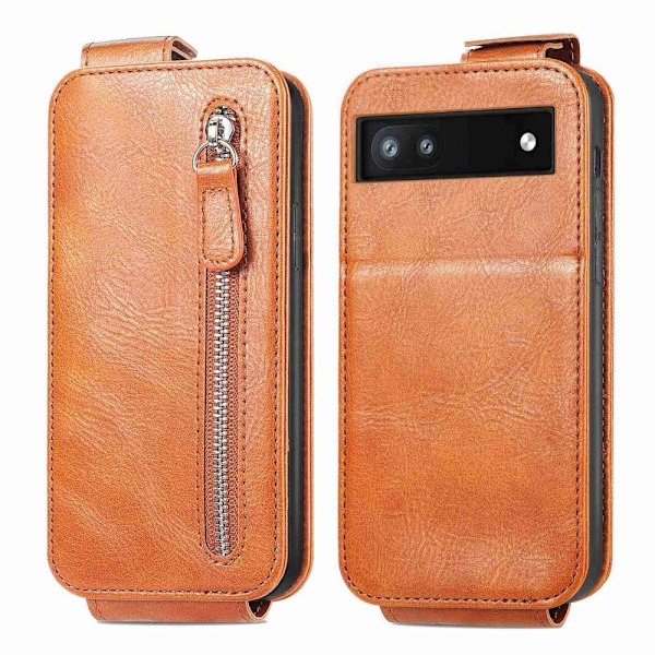 Vertical Flip Phone Suojakotelo With Zipper For Google Pixel 6a - Ruskea Brown