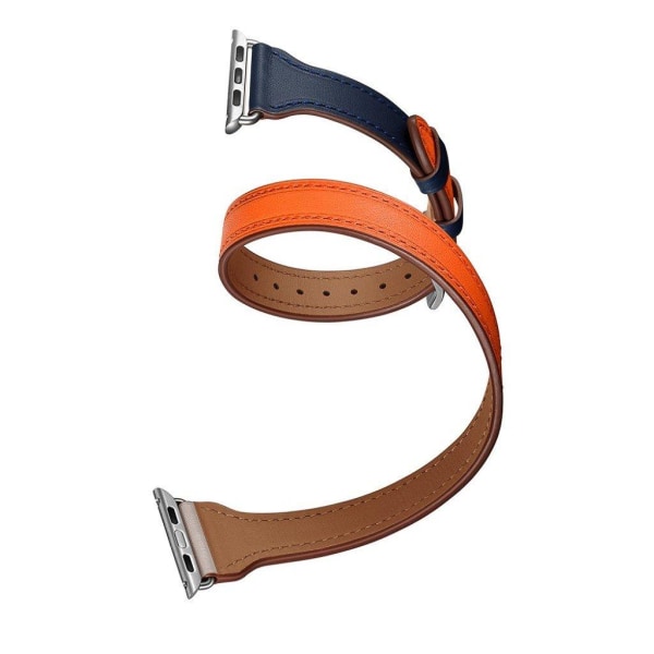 Apple Watch Series 5 44 mm klockarmband i äkta läder med tvåfärgad cirkeldesign - Orange / Mörkblå / Vit multifärg