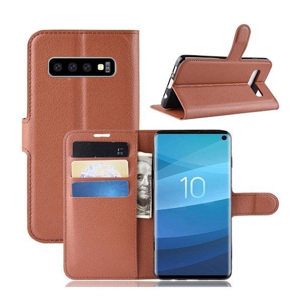 Samsung Galaxy S10 litchi skin læder flip etui - Brun Brown