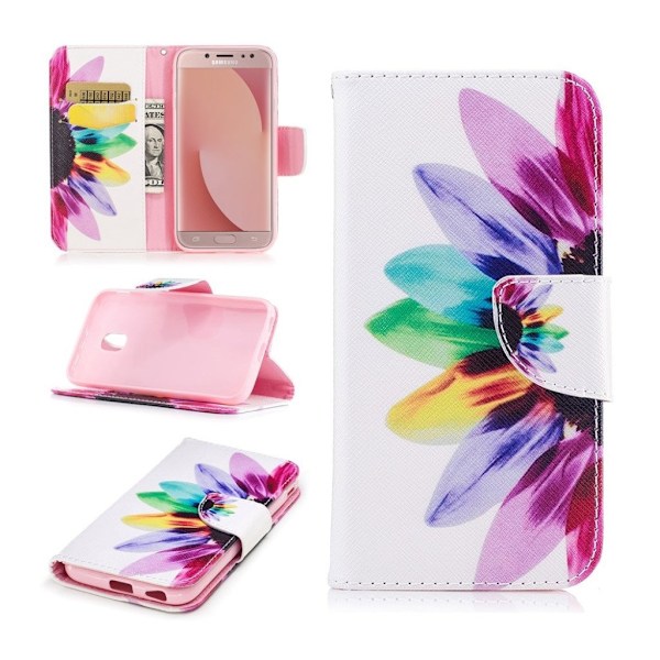 Samsung Galaxy J7 (2017) Silfuldt læder etui - faverig halv blomst Multicolor