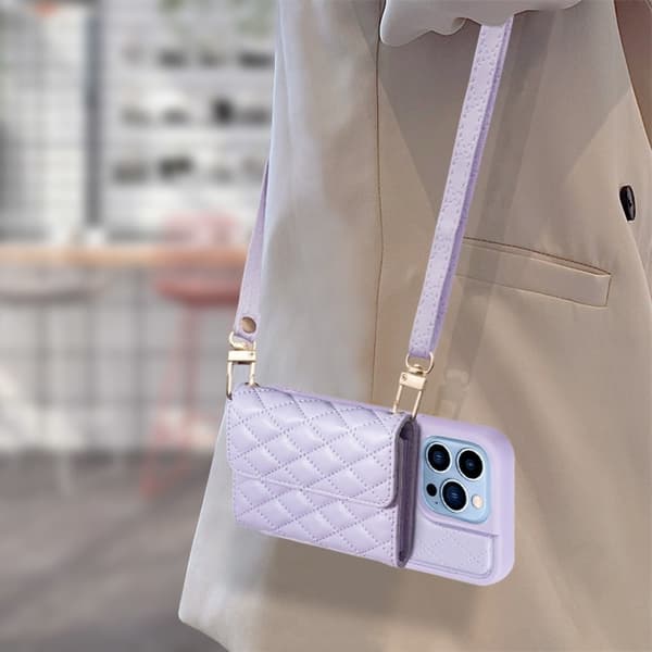 Stilfuldt og alsidigt rombeformet etui med pung til iPhone 15 Pro Purple