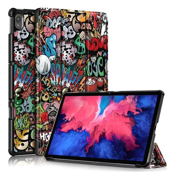 Lenovo Tab P11 trefoldigt mønstret flipomslag i læder - Graffiti Multicolor