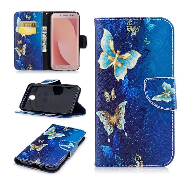 Samsung Galaxy J7 (2017) Charmerende læder etui - Blå sommerfugl Blue