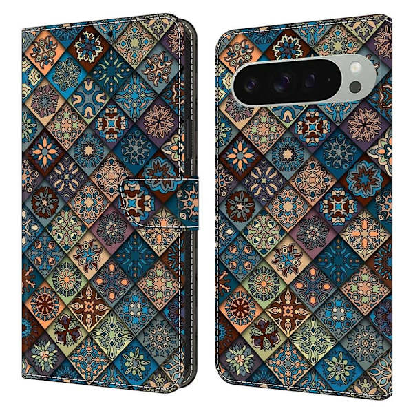 Google Pixel 9 Pro XL plånboksfodral mönstrat tryck stativ läder flip telefonskal - Blå Blommor Blå