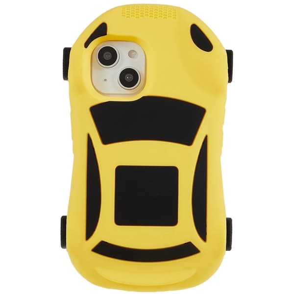 iPhone 14 Plus Racing Car Shape Phone Case med 4 remskiver Silikone Drop Resistant Protective Cover Legetøj - Gul Yellow