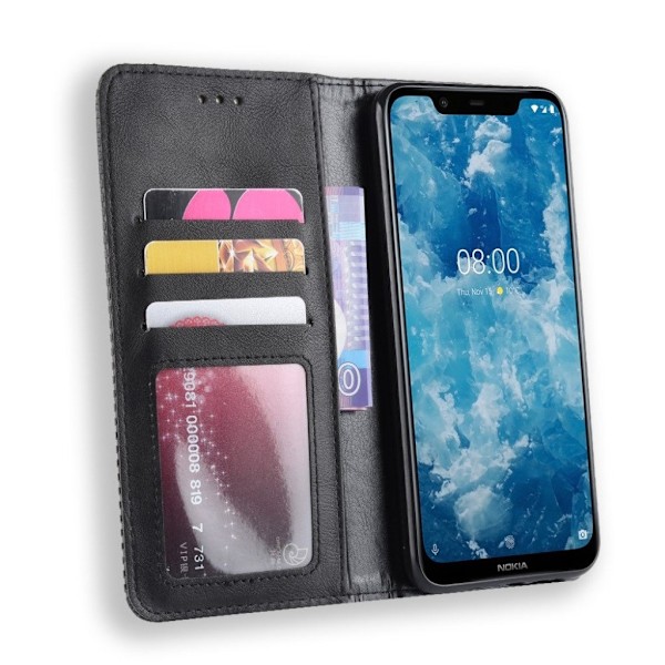 Nokia 8.1 vintage tyylinen nahkainen flip suojakotelo - Musta Black