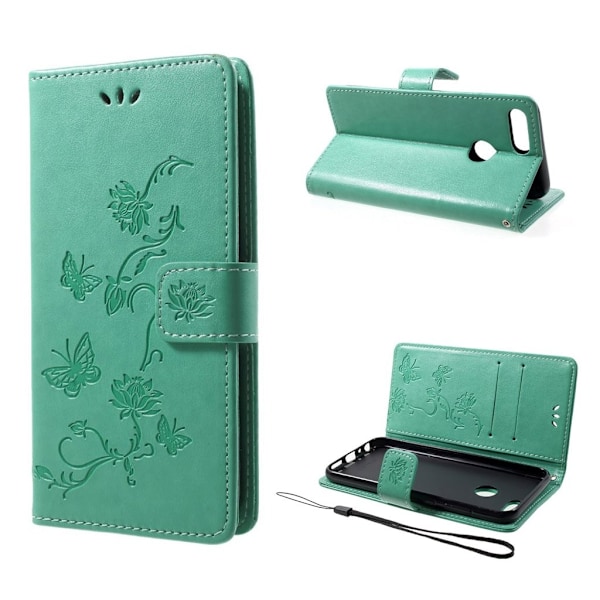 Huawei Honor 9 Lite stemplet sommerfugl blomster PU læder flip etui - Cyan Green