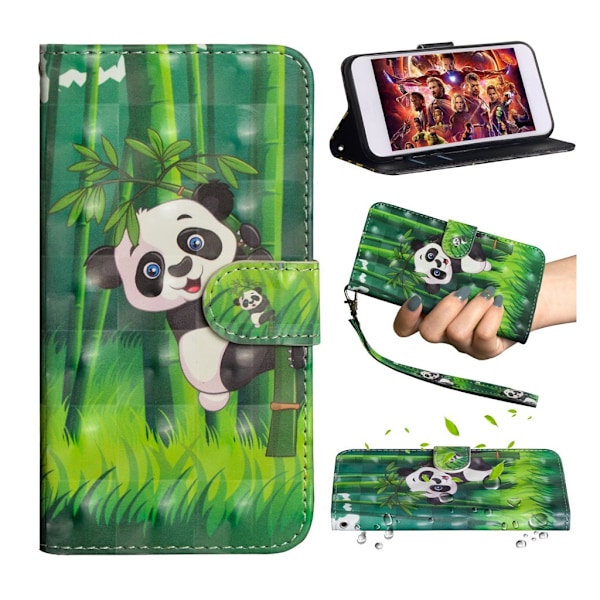 Samsung Galaxy A70 lædercover med dekorationsmønster - panda Multicolor