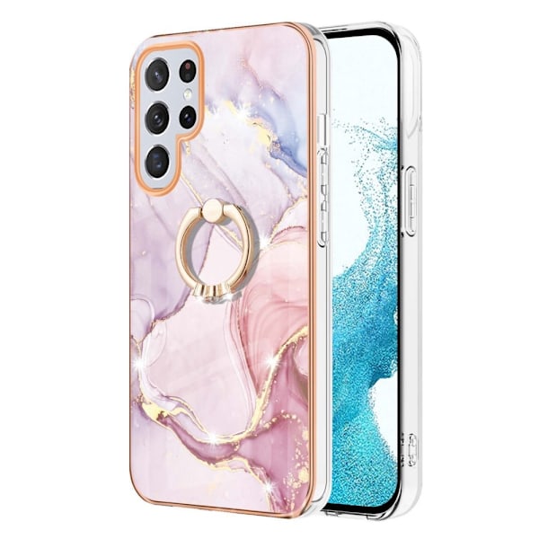 Marble Patterned Suojakuori With Ring Holder For Samsung Galaxy S22 Ultra - Rose Kulta Marble Haze Pink
