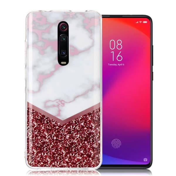 Marble Xiaomi Redmi K20 Pro Etui - Hvit Marmor Og Glitter Red