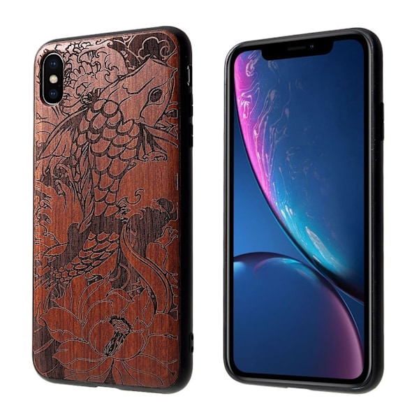 iPhone Xs Max hybrid etui i udskåret træ - Fisk Og Lotus Brown