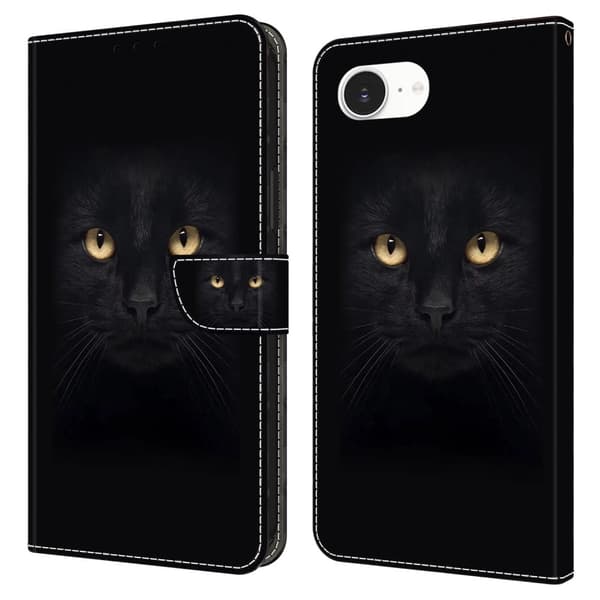 iPhone 16e Etui med magnetisk lås 3D-mønster Læderpung Telefoncover - Sort Kat Black