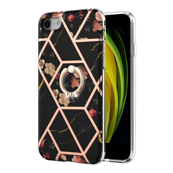 Marble Mønstret Deksel med Ring Holder til iPhone Se (2022) / 2020 / 8 - Svarte Blomster Black