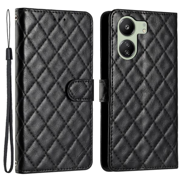 Funktionelt Xiaomi Redmi 13C / Xiaomi Poco C65 rombe etui med pung - Sort Black