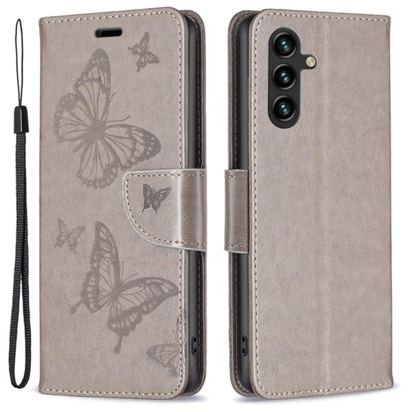 Sommerfugl Samsung Galaxy A14 Flip Etui - Grå Silver grey