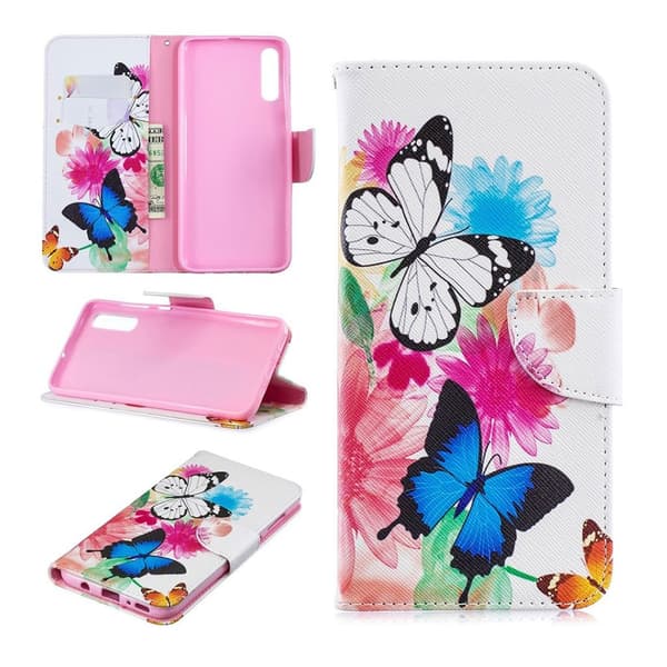 Samsung Galaxy A70 mønster læretui - Sommerfugler og Blomster Multicolor