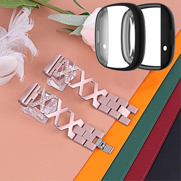 Fitbit Sense / Versa 3 X-formad klockrem med strassdekor och svart fodral - Rosa Ros Rosa