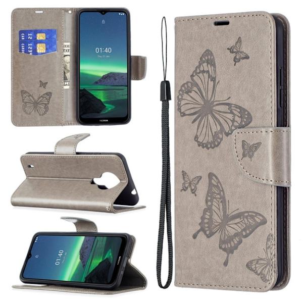 Butterfly Nokia 1.4 Flip Etui - Grå Silver grey