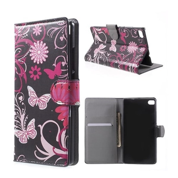 Moberg Huawei Ascend P8 Læder Etui Med Kortholder - Sommerfugl Og Blomster Multicolor
