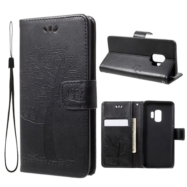 Samsung Galaxy S9 stemplet Træ ugle PU læder flip etui - Sort Black