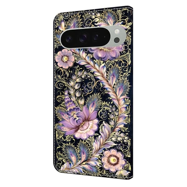 Google Pixel 9 Pro XL plånboksfodral mönstrat tryck stativ läder flip telefonskal - Vintage Guldnål Guld