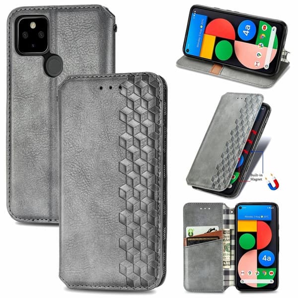 Skinn-etui med stilfult rombeavtrykk for Google Pixel 5 - Grå Silver grey