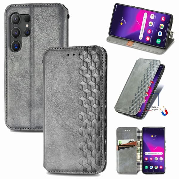 Läder Samsung Galaxy S25 Ultra fodral med romb-design - Grå Silvergrå
