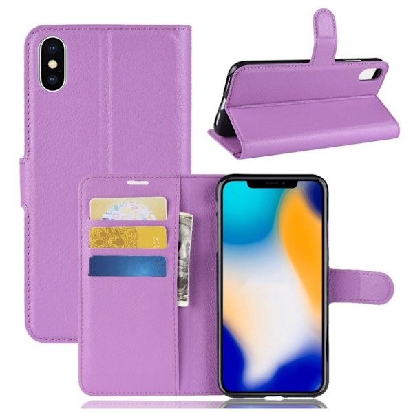 iPhone Xs Max flip etui i læder med litchi-tekstur - Lilla Purple
