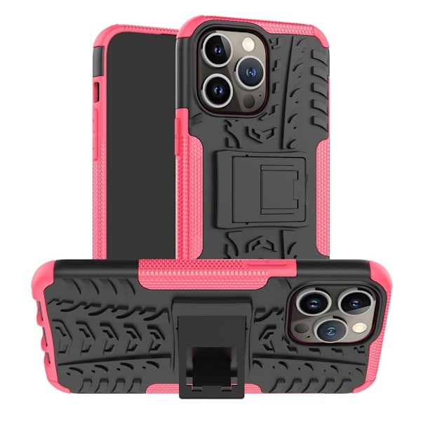 iPhone 14 Pro Max 6,7 tommer Anti-slip Cool Tire Texture Back Cover Kickstand Feature Hard Bumpresistent Soft Flexible Phone Shell - Lyserød Pink