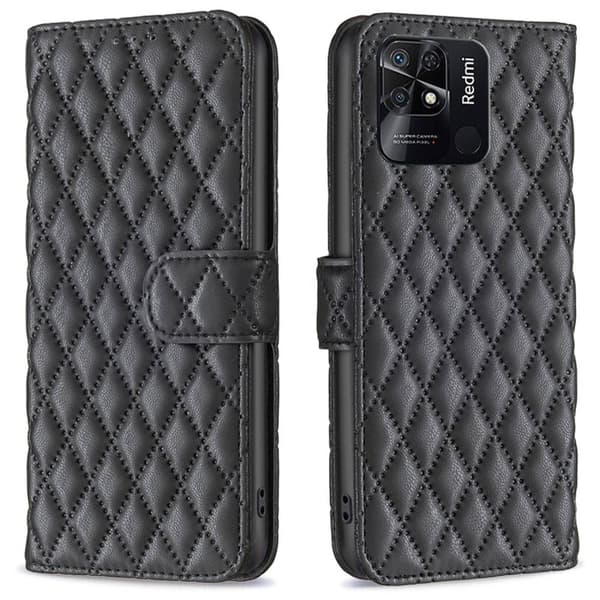 Rhombus mat Xiaomi Redmi 10C flip etui - Sort Black