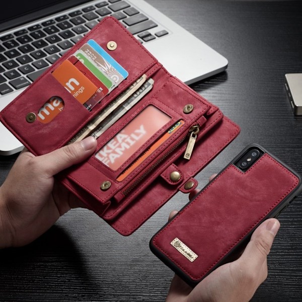 CASEME iPhone XS mobilfodral delad läder silikon plånbok vintage avtagbar – Röd Röd