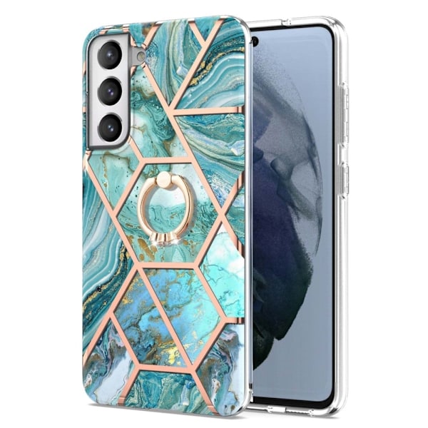 Marble Patterned Suojakuori With Ring Holder For Samsung Galaxy S21 FE - Sininen Blue