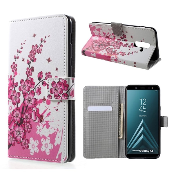 Samsung Galaxy A6 Magneettinen Nahka Lompakko Suojakotelo - Persikka Kukat Pink