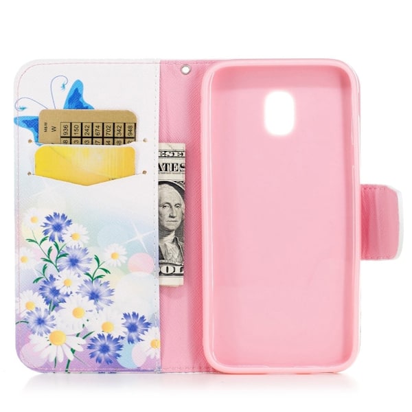 Samsung Galaxy J7 (2017) Silfuldt læder etui - Blå sommerfugl Multicolor